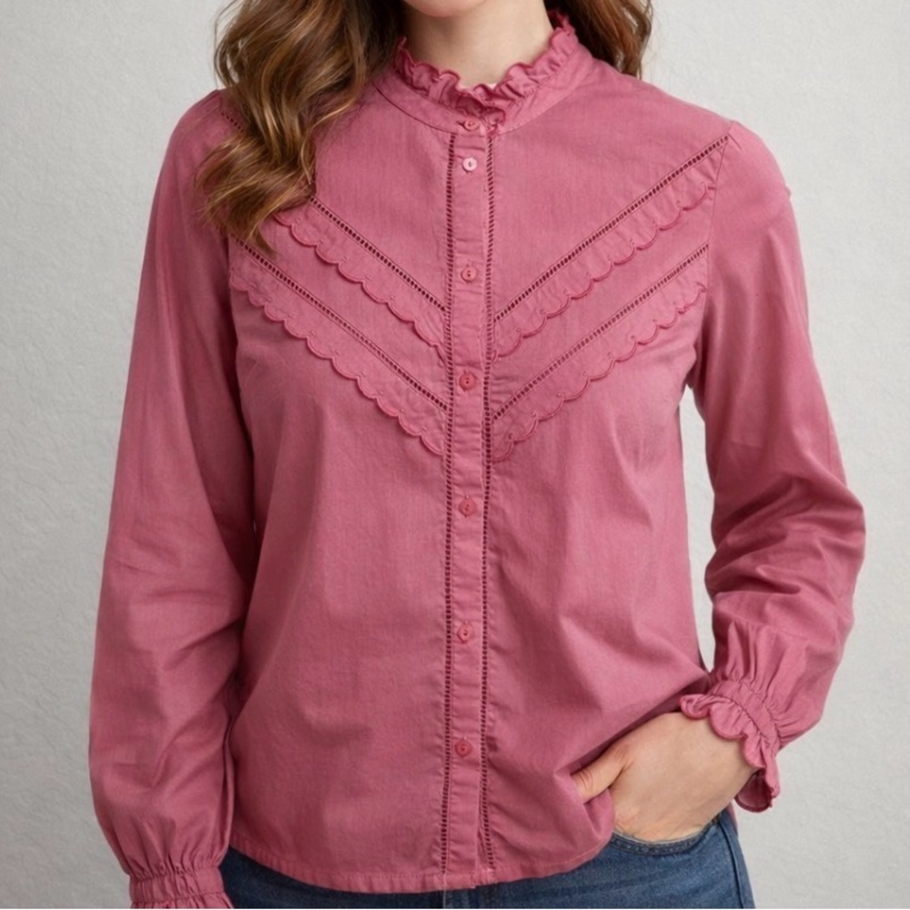 Sezane Blouse Ruffle Pink Rose Rodeo Boho Button Down Eyelet Lace Western Paris